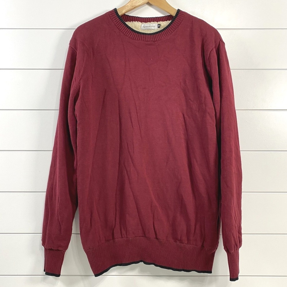 Chain Stitch Mens 100% Cotton Sherpa Lined Crewneck Sweater M Red Cozy Outdoor‎